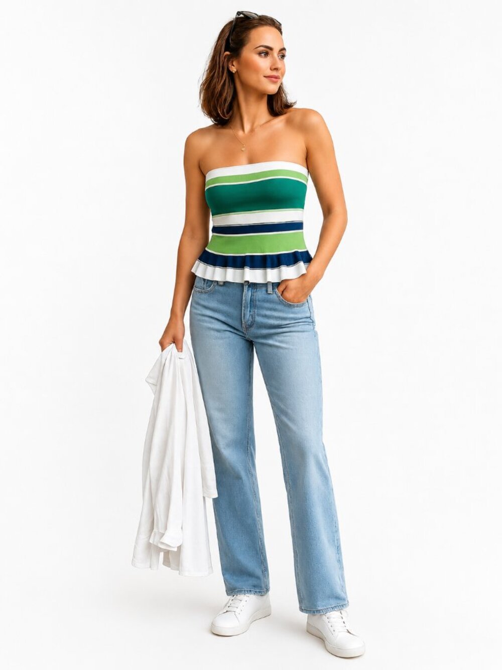 AE Cropped Peplum Sweater Tube Top NWT Green Blue Stripe Coastal Knit XS